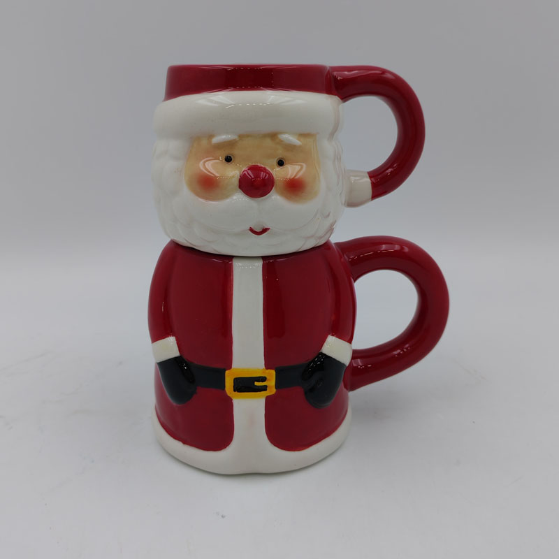 Ceramic Santa Claus Mug Set, Double Large Curved Comfort Grip Handles, Creative Christmas Holiday Hot Cocoa & Coffee Couple Mugs