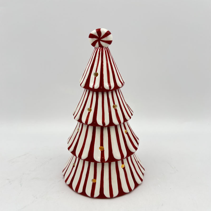 Glossy Ceramic Christmas Tree Figurine with Red & White Vertical Stripes, Swirl Peppermint Candy Topper, Fun Festive Tabletop Christmas Decor