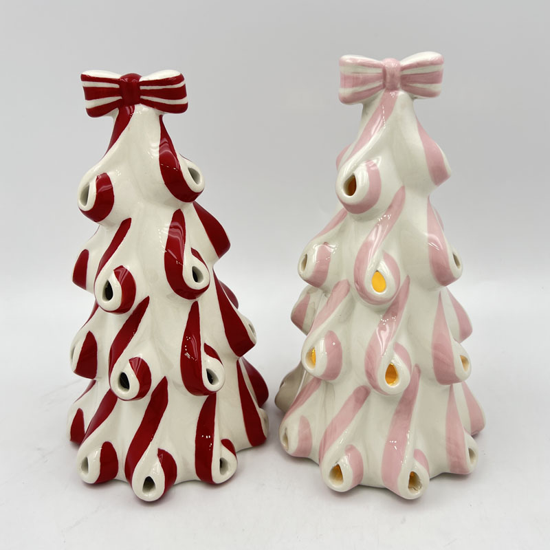 Swirl Stripe Bow Ceramic Christmas Tree, Hollow-out Christmas Ornament (Red / Pink)