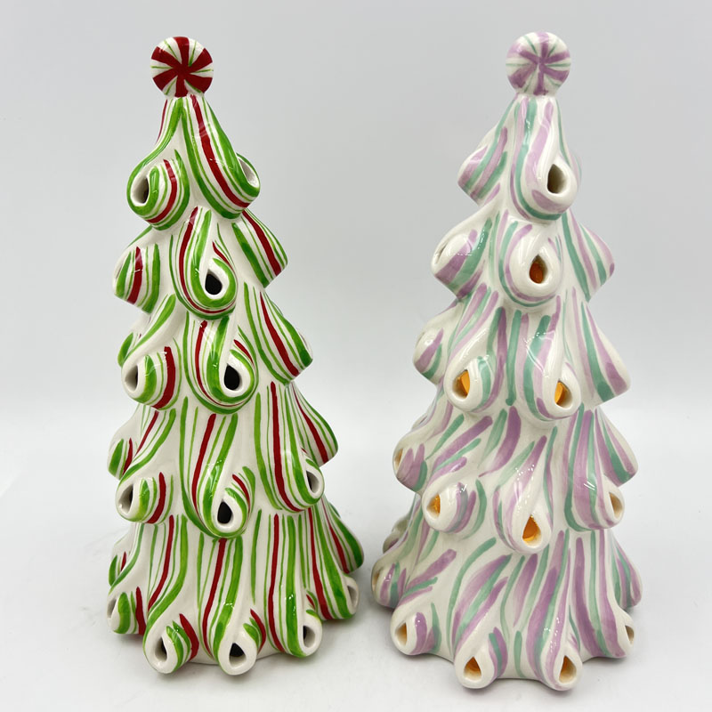 Striped Candy Swirl Ceramic Christmas Tree Figurine, Peppermint Topper Hollow Ceramic Tree , Retro Christmas Tabletop Decor