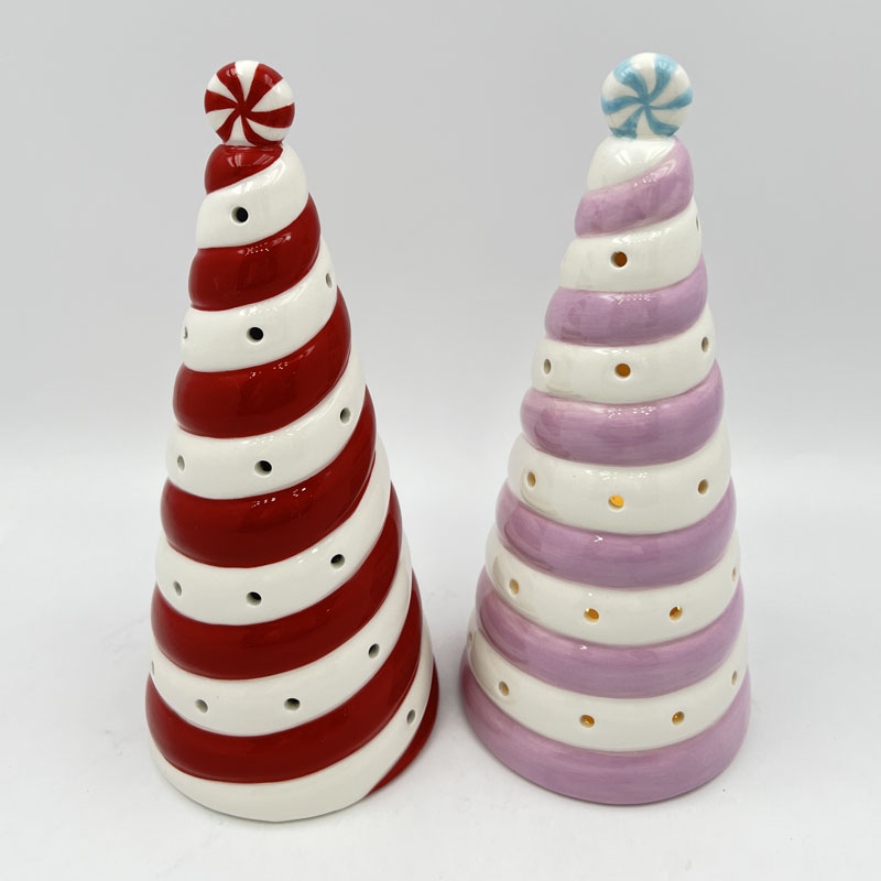 Peppermint Swirl Ceramic Christmas Tree in Red&White / Purple&White | Candy Ball Top with Cutout Holes | Cute Holiday Table Accent