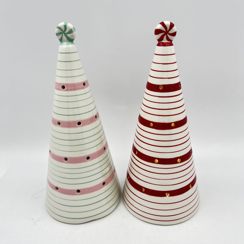 Peppermint Top Stripe Cone Ceramic Christmas Tree, Hollow-out Light-up Holiday Ornament (Red-Green / Red-Pink)