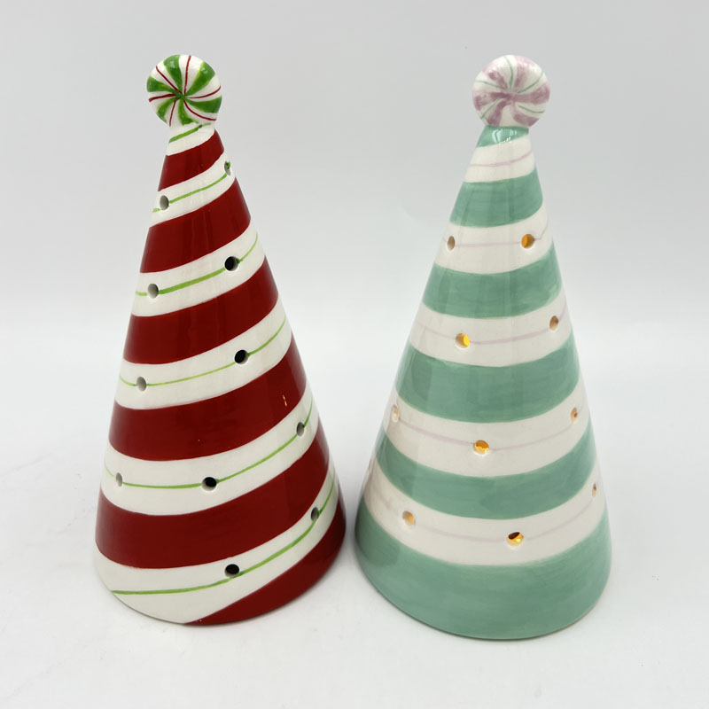Striped Ceramic Christmas Tree Figurine with Peppermint Candy Topper, Hollow Cutout Light Up Cone Tree, Retro Holiday Tabletop Decor
