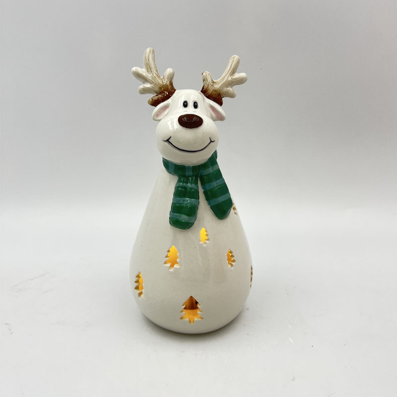 Creamy White Glazed Smiling Reindeer Ceramic Figurine, Gradient Brown Antlers, Dark Green Plaid Scarf, Cute Festive Christmas Mantel & Desktop Decor