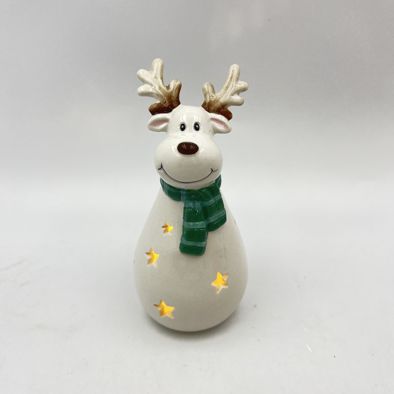 Ceramic Reindeer Figurine | Star Cutout Glow Design | Dark Green Striped Scarf & Gradient Antlers | Holiday Tabletop Decor