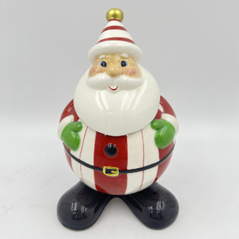 Cute Chubby Santa Claus Ceramic Figurine, Striped Hat, Green Gloves and Gold Belt Buckle, Festive Table Home Decor, Unique Christmas Gift