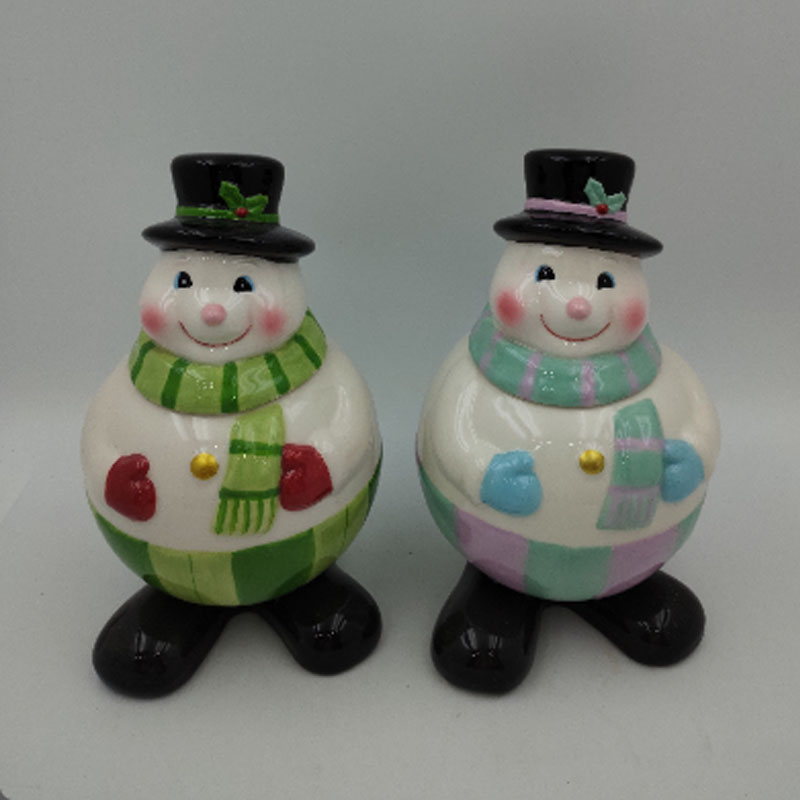 Round Belly Smiling Snowman Ceramic Figurine, Top Hat Scarf Christmas Snowman Decor (Green Scarf / Purple Scarf)