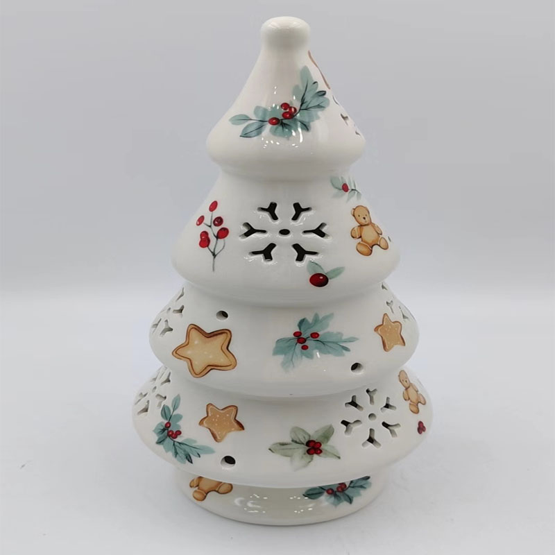Holly Berry & Cookie Bear Printed Ceramic Christmas Tree, Snowflake Hollow Cutout Light Up Xmas Tree, Vintage Farmhouse Holiday Table Decor