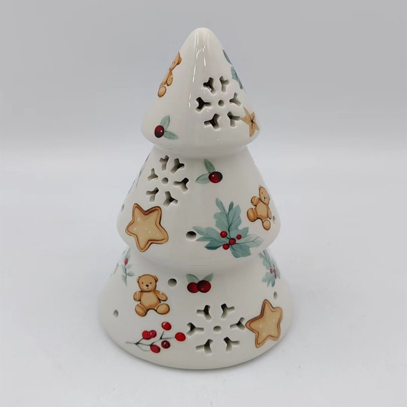 White Ceramic Christmas Tree Ornament | Snowflake Cutout | Hand-Painted Bear & Holly Berry Motifs | Whimsical Holiday Tabletop Decor