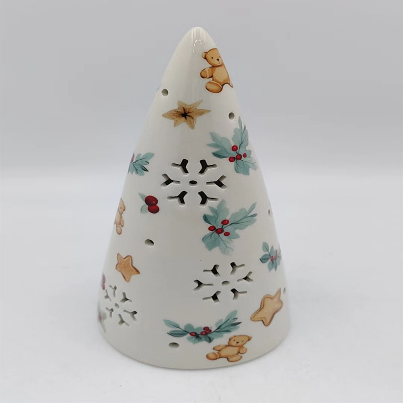 Cream White Conical Ceramic Christmas Tree, Holly Berry & Teddy Bear Cookie Pattern, Snowflake Hollow Cutout Ornament, Playful Xmas Mantel Decor