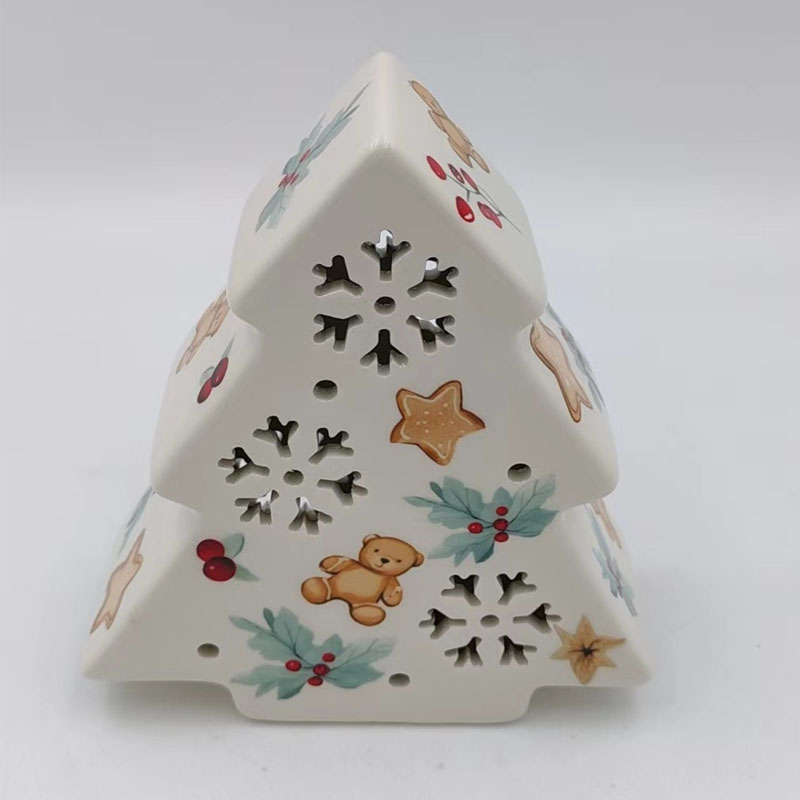 Cream White Gingerbread Bear Hollow-out Ceramic Christmas Tree, Snowflake Light-up Christmas Ornament