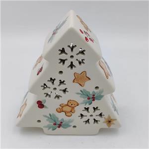 Cream White Gingerbread Bear Hollow-out Ceramic Christmas Tree, Snowflake Light-up Christmas Ornament