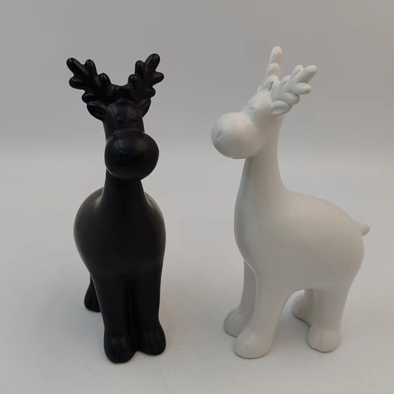 Matte Black & White Ceramic Reindeer Figurine, Minimalist Smooth Reindeer Statue, Modern Farmhouse Tabletop Christmas Decor