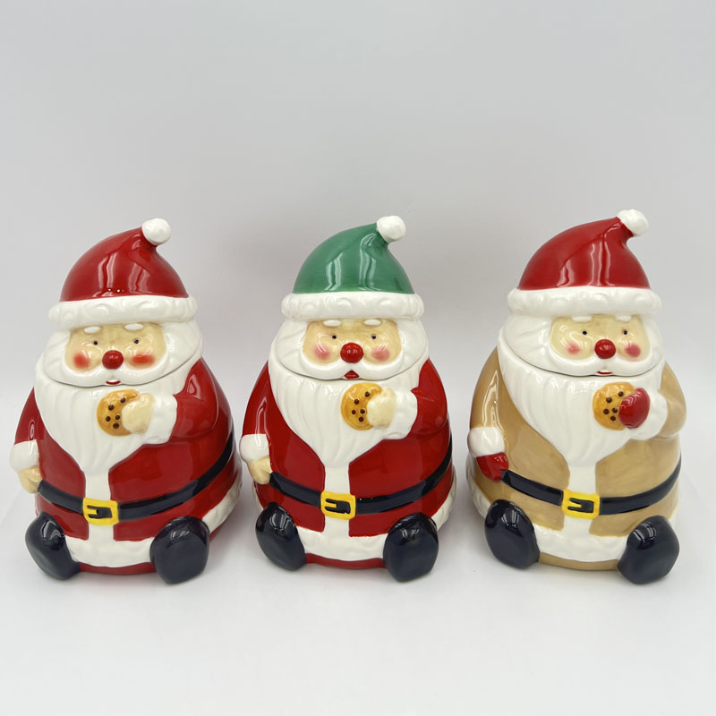 Glossy Ceramic Santa Claus Cookie Jar, Santa Holding Biscuit Storage Canister, Christmas Kitchen Countertop Decor Container