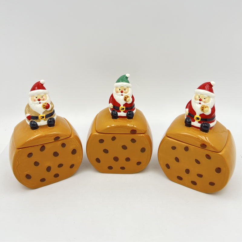 Cookie-Shaped Ceramic Canister with Lid | Mini Santa Topper as Lid Handle | Cute Holiday Desk Decor & Storage