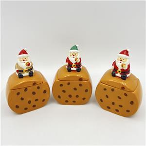 Cookie-Shaped Ceramic Canister with Lid | Mini Santa Topper as Lid Handle | Cute Holiday Desk Decor & Storage
