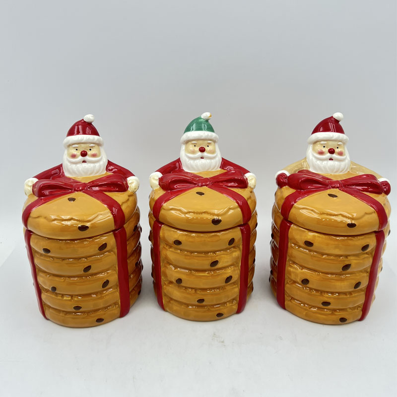 Mini Santa Claus Eco-Friendly Bow Wrapped Stacked Cookie Ceramic Figurine