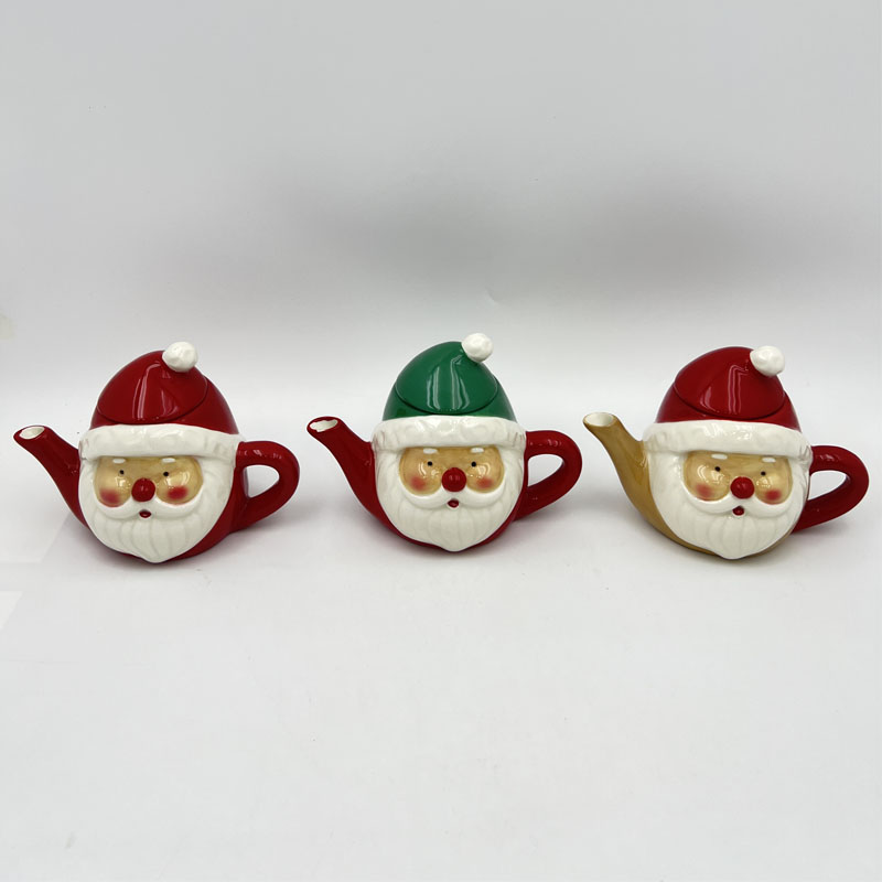 Set of 3 Whimsical Mini Santa Face Ceramic Teapot Set, Glossy Finish, Novelty Cute Christmas Festive Kitchen & Tabletop Holiday Decor