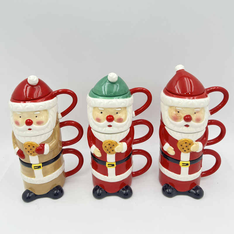 Stackable 3-Tier Santa Ceramic Mug Set, Santa Holding Cookie Lidded Coffee Cup, Family Friendship Gift Set