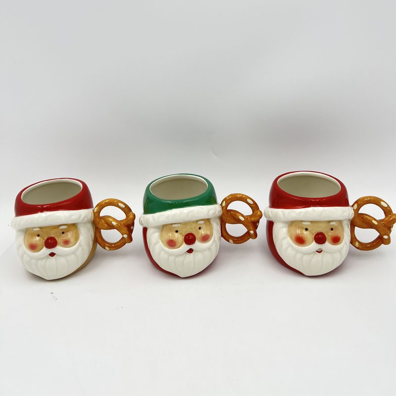 Santa Face Ceramic Mug | Pretzel-Shaped Creative Handle | Red & Green Color Options | Cute Holiday Coffee/Tea Cup