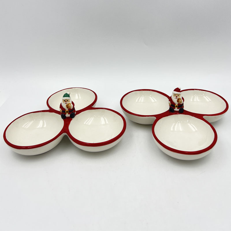 Santa Claus 3-Compartment Ceramic Divided Plate, Christmas Snack & Nut Dip Dish (Green Hat / Red Hat)