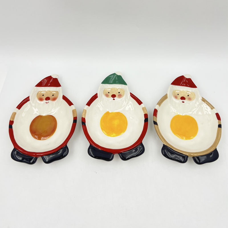 3Pcs Cute Santa Ceramic Snack Plate Set, Hand-Painted Sunny Side Up Fried Egg Pattern, Whimsical Festive Kitchen & Tabletop Decor