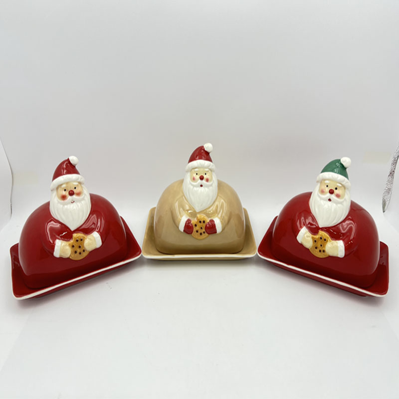 Glossy Ceramic Santa Butter Dish with Lid, Santa Holding Cookie Covered Butter Keeper, Christmas Kitchen Table Decor