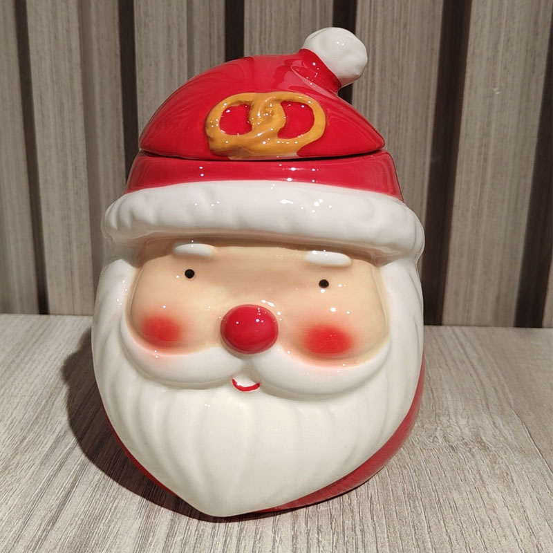 Santa Claus Head Shaped Lidded Ceramic Jar, Pretzel-Decorated Christmas Cookie Storage Canister