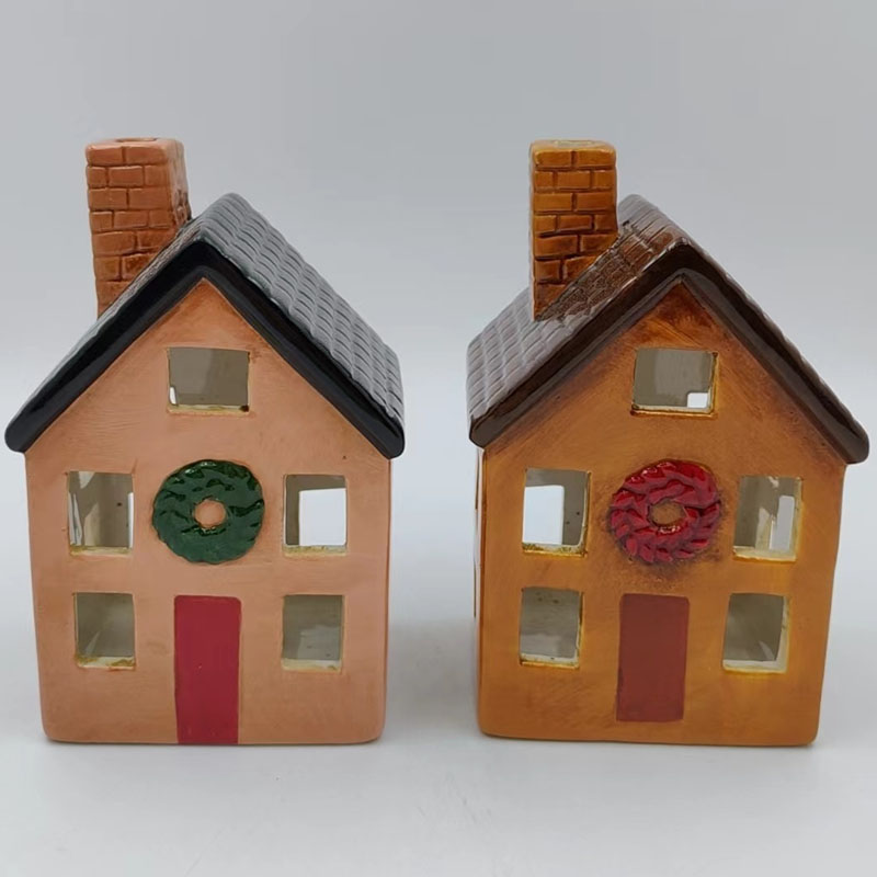 Whimsical 2 Pack Farmhouse Ceramic House, Embossed Christmas Wreath & Hollow Window Figurine, Christmas Home Decor Gift