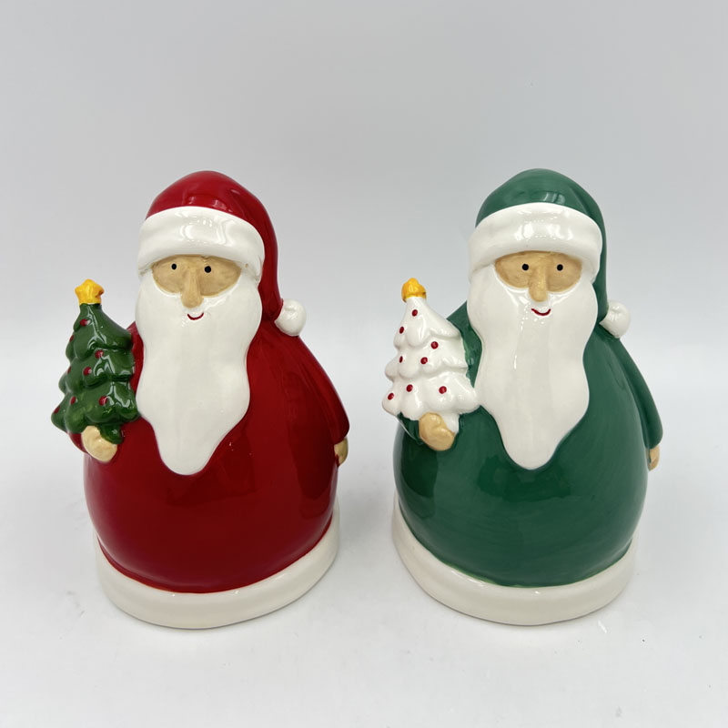 Round Cute Santa Figurine Holding Mini Christmas Tree, 2 Color Options Red & Green, Glossy Ceramic Christmas Tabletop Decor