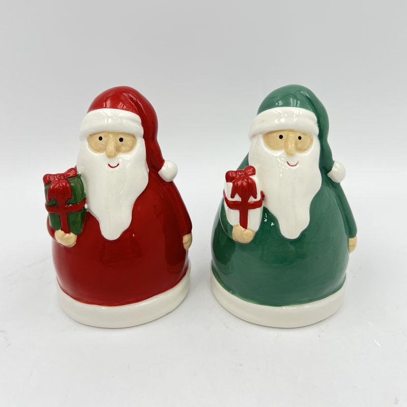 Cute Santa with Gift Ceramic Ornament | Classic Red & Green Color Combo | Festive Desk & Shelf Accent