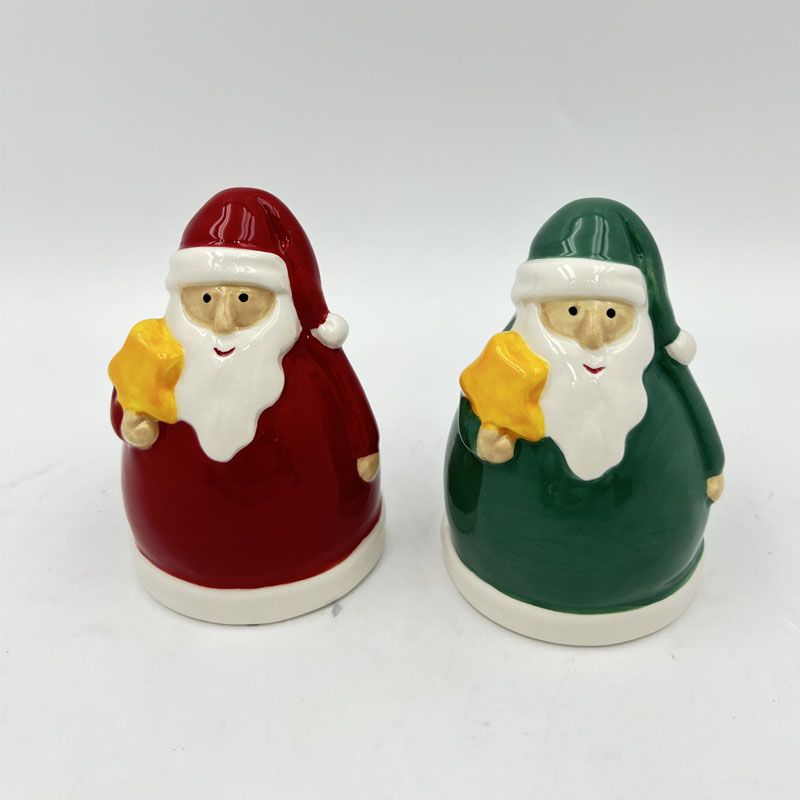 Star-Hugging Santa Claus Ceramic Figurine, Round Belly Christmas Decor Doll (Red / Green)