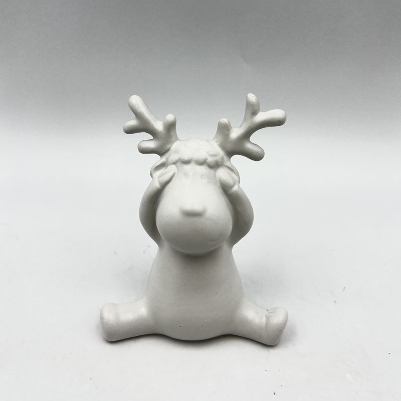 Matte All-white Hand-over-eyes Reindeer Ceramic Figurine, Minimalist Scandinavian Style Neutral Christmas Table & Shelf Small Decor