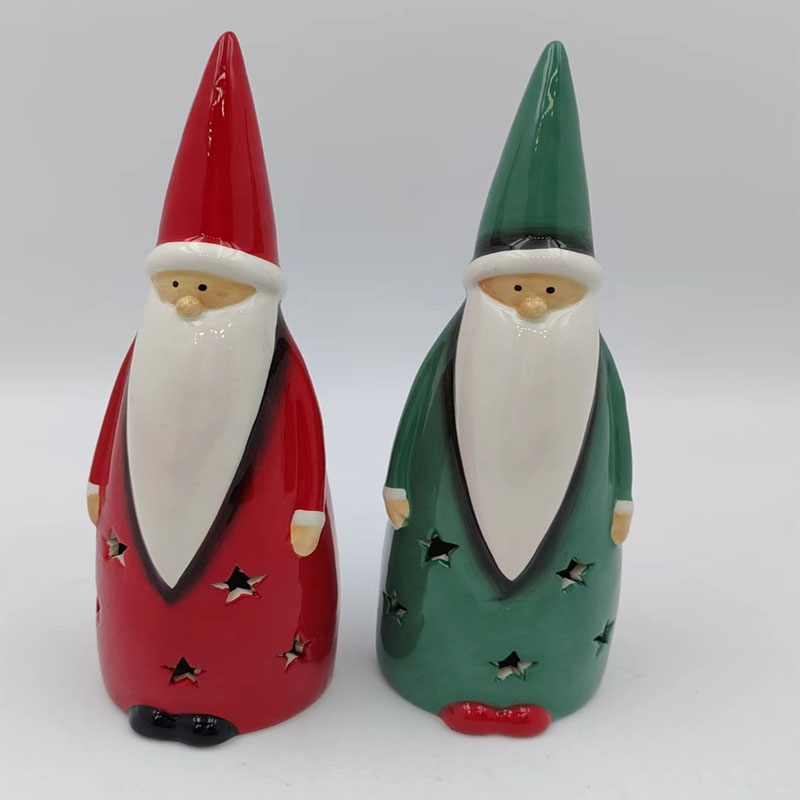 Tall Hat Santa Ceramic Figurine | Classic Red & Green Color Combo | Star Cutout Glow Design | Minimalist Holiday Tabletop Decor