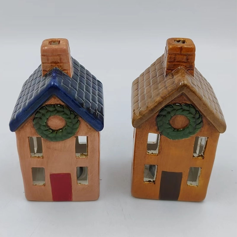 Christmas Wreath Cottage Hollow Ceramic Candle House, Light-up Village House Holiday Ornament (Blue Roof / Brown Roof)