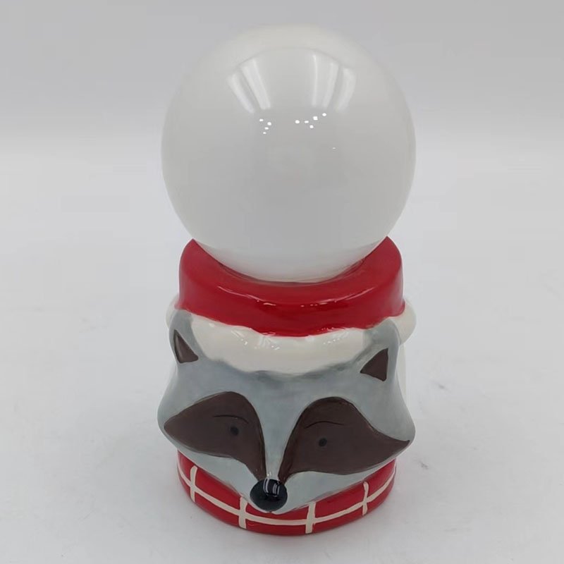 Cute Raccoon Ceramic Snow Globe & Night Light Figurine | Red & White Plaid Scarf Accent | Holiday Tabletop Decor Gift