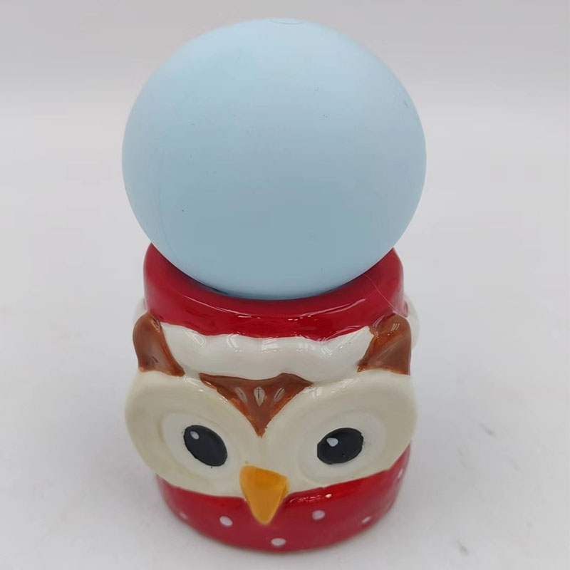 Glossy Ceramic Christmas Owl Base LED Globe Night Light, Cute Owl Figurine Ambient Lamp, Bedroom Tabletop Holiday Decor