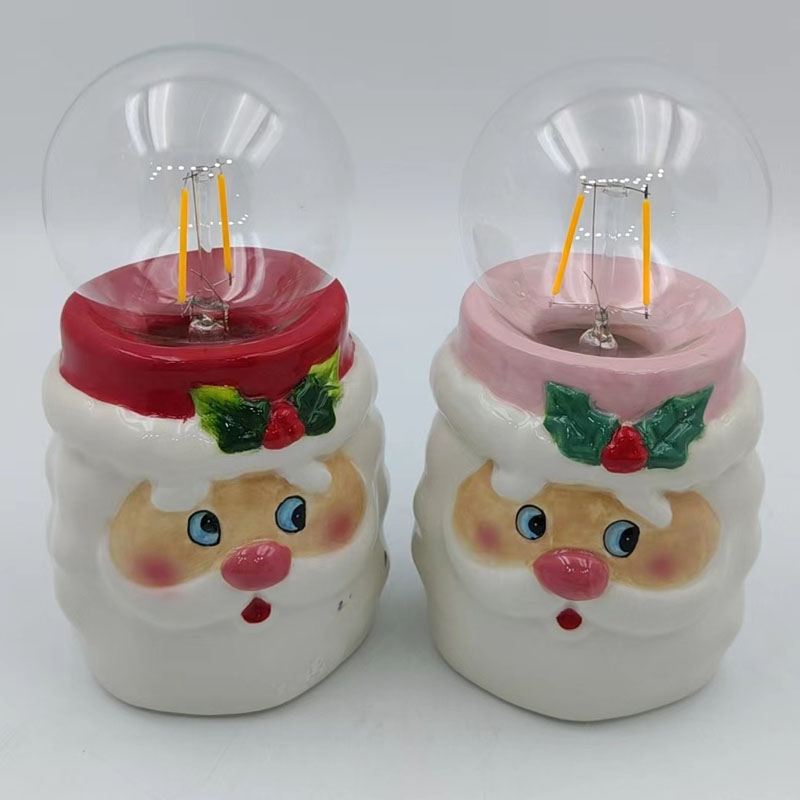 Glossy Ceramic Santa Head LED Bulb Night Light, Holly Berry Decoration, Red & Pink Two‑Tone Base, Christmas Tabletop Ambient Lamp