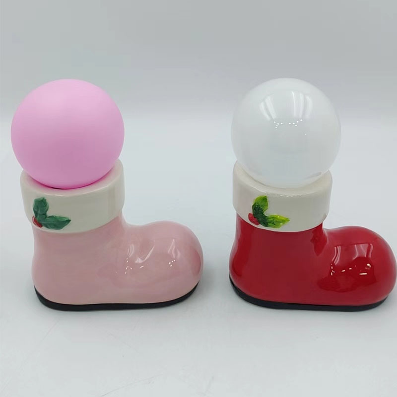 Cute Christmas Boot Ceramic Mini Lamp, Holly Detail, Macaron Pink & Cream White Frosted Shade, Girls Bedroom Holiday Ornament
