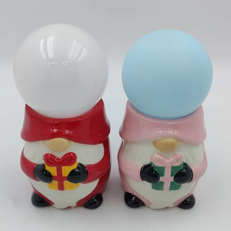 Glossy Ceramic Gnome Night Light Holding Gift Box, Red & Pink Two‑Color Gnome Base, Pastel Globe Shade Christmas Tabletop Ambient Lamp