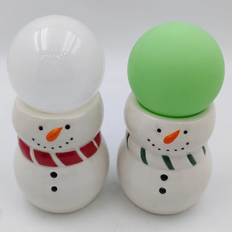 Snowman Ceramic Night Light Figurine | Red & Green Striped Scarf Options | Winter Holiday Tabletop Decor Gift