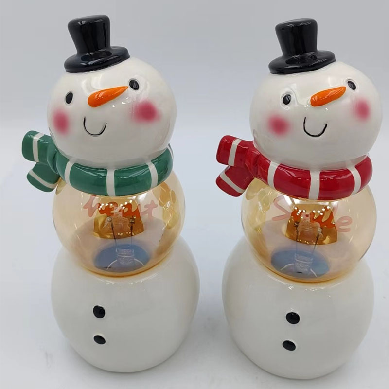 Cute Ceramic Snowman Night Light with Black Top Hat & Amber Clear Globe Bulb, Green Scarf & Red Scarf Two‑Tone Christmas Tabletop Decor
