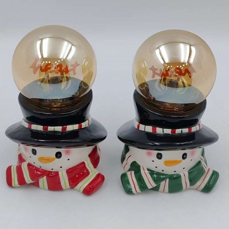 Snowman Ceramic Snow Globe Figurine | Black Top Hat & Striped Scarf Accent | Holiday Tabletop Decor Gift