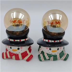 Snowman Ceramic Snow Globe Figurine | Black Top Hat & Striped Scarf Accent | Holiday Tabletop Decor Gift