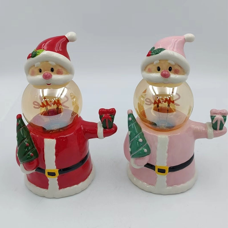 Glossy Ceramic Santa Night Light Holding Mini Christmas Tree & Gift Box, Amber Globe Bulb Christmas Tabletop Ambient Lamp