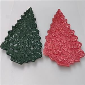 Leaf Embossed Christmas Tree Shaped Ceramic Plate, Tree Form Dessert Snack Dish