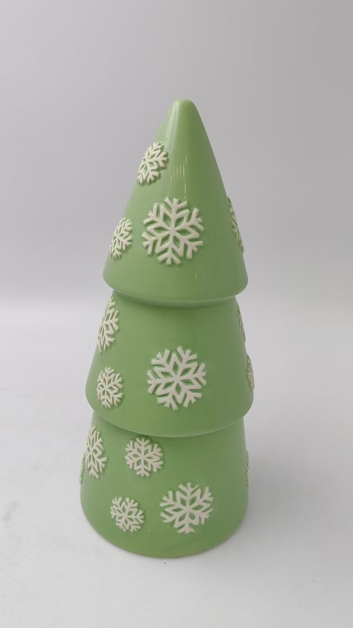 Mint Green Ceramic Christmas Tree | 3D Snowflake Embossed Tiered Design | Cozy Holiday Ambient Figurine | Nordic Style Party Favor