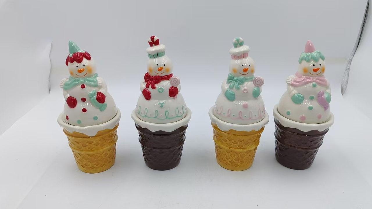Ceramic Ice‑Cream Cone Snowman Canister, Pastel Candy‑Style Snowman Lid, Holiday Tabletop Decor