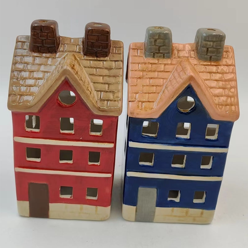 Townhouse with Chimney Ceramic Candle Holder | Red & Blue House Options | Cozy Holiday Tabletop Decor | Creative Party Favor