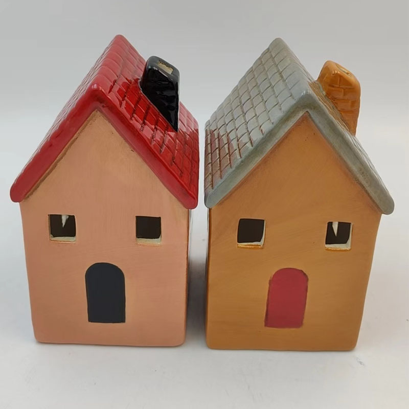 Ceramic House Figurine with Hollow Cut‑out Windows & Door, Red‑Roof & Grey‑Roof Two‑Tone Village House, Farmhouse Tabletop Holiday Decor